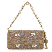 Anekaant Coffer Gold, Silver and Pink Faux Silk Floral Embellished Clutch