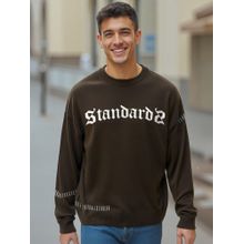 Bewakoof Men's Brown Standard Typography Super Loose Fit Flat Knit Sweater