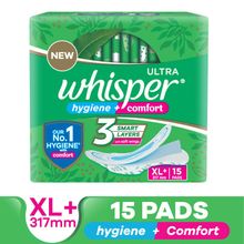 Whisper Ultra Clean Thin Sanitary Pads-Hygiene & Comfort, Soft Wings & Dry Top Sheet - XL+ 15 Pads