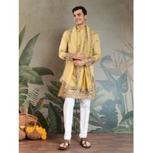 Odette Yellow Viscose Silk Embroidered Stitched Kurta