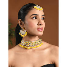 I Jewels Yellow Gold Plated Traditional Mirror And Pearl Work Choker Necklace Jewellery Set