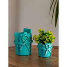 ExclusiveLane Wrapped Gift Handmade terracotta Table Planters Flower Pots Blue Set Of 2