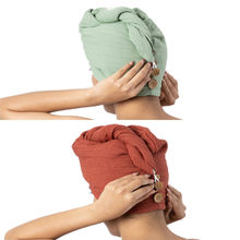 Doctor Towels Pack of 2 Banana Double Cloth Hair Wrap Terracotta & Sage Green (S)