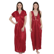 N-Gal Women's Embroidered Lace Bridal Long Nighty with Robe Lingerie 2 Pcs Nightwear Set - Maroon