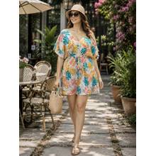 Oxolloxo Women Multicolour Floral Print Elasticated Short Sleeve Beachwear Dress