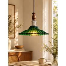 Homesake Petalia Vintage Fluted Glass Pendant Light With Wooden Top, Nickel Holder Green