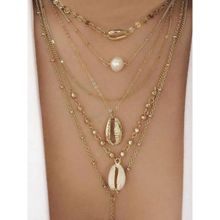 OOMPH Gold Tone Multi Layer Sea Shell Charms Link Chain Necklace