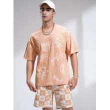 HIGHLANDER Men Peach Round Neck Oversized T-shirt With Loose Fit Shorts (Set of 2)