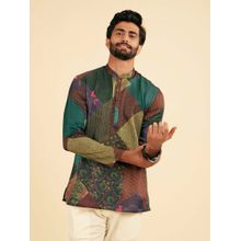 Manyavar Lush Green Satin Short Kurta For Men