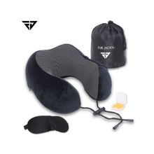 FUR JADEN Black Memory Foam Travel Neck Support Pillow, Eye Mask, Noise Isolating EarPlugs Combo