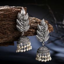 LAIDA Oxidized Silver-Plated Handcrafted Leaf Drop Jhumka Earrings
