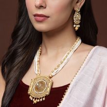 PANASH Gold Plated Kundan Stone and White Beads Handcrafted Jewellery (Set of 2)