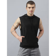 Fitkin Men Textured Hooded Neck Black T-Shirt