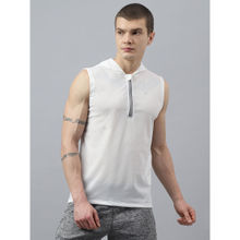 Fitkin Men Textured Front Zipper White Hooded T-Shirt