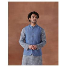 Fabindia Men Blue Cotton Sleeveless Nehru Jacket