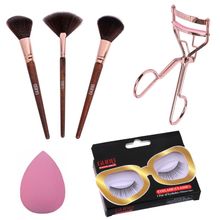 GUBB USA Makeup Essentials Combo - Beauty Blender, Eyelash Curler, Eyelashes, Powder, Fan & Blush