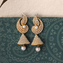 Anika's Creations Elegant off White Pearl and Stone Designer Gold Plated White Drop Jhumka Earring