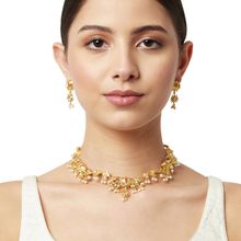 Voylla Apsara Faux Pearls Adorned Brass Lotus Motifs Gold Plated Jewellery Set