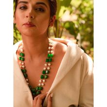 Kastiya Jewels Beaded Green Layered Quartz Semi Precious Gemstone and Pearl Necklace