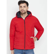 Okane Men Red Solid/Plain Full Sleeves Hooded Jacket