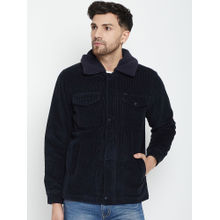 Okane Men Navy Blue Solid/Plain Full Sleeves Collar Neck Jacket