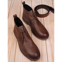 EZOK Men Brown Solid Pattern Lace Up Leather Boots