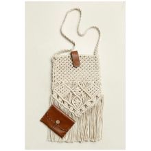 Tjori Off White Macrame Fringed Sling Bag With Cruelty-Free Leather Pouch