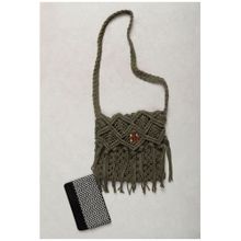 Tjori Olive Green Macrame Bag With Jaccurd And Cruelty Free Leather Pouch