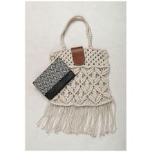 Tjori Off White Macrame Tote Bag With Jaccurd Cruelty Free Leather Pouch