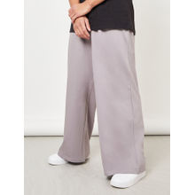 Styli Men's Grey Solid Wide Leg Cotton Casual Trousers with Drawstring