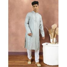 TATTVA Floral Woven Design Mandarin Collar Regular Kurta with Pyjama Silver (Set of 2) (38)