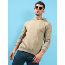 Campus Sutra Men Khaki Pullover Hooded Sweatshirt with Contrast Drawstring