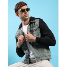 Campus Sutra Men Grey & Black Light-Wash Denim Jacket with Sweatshirt Sleeve