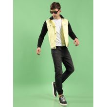 Campus Sutra Men Black & Yellow Light-Wash Denim Jacket with Sweatshirt Sleeve