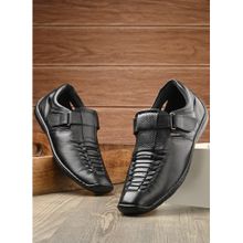 Hitz Men's Black Leather Casual Daily Wear Sandals