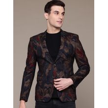 ESSAS club Men Knitted Blue Gold Abstract Print Single-Breasted Slim-Fit Blazer