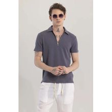 Snitch Charcoal Grey Textured Half Sleeves Slim Casual Polo T-Shirt for Men