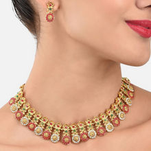 Zaveri Pearls Green & Red Stones Floral Design Choker Necklace & Earring Set - ZPFK8991