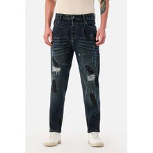 Snitch Dark Blue Patch Work Loose Casual Jeans for Men