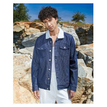 Campus Sutra Mens Denim Blue Fleece Polka Dot Denim Jacket