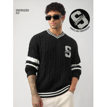 The Souled Store Cable Knit Varsity Black Men Oversized Pullover Sweater