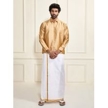 Vastramay Men Ethnic South Indian Style Full Sleeves Silk Shirt with Mundu (Set of 2)
