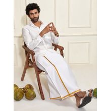 Vastramay Men Ethnic South Indian Style Full Sleeves Silk Shirt with Mundu (Set of 2)