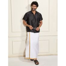 Vastramay Men Ethnic South Indian Style Half Sleeve Silk Shirt with Mundu (Set of 2)