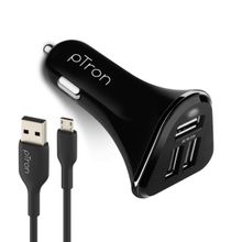 pTron Bullet 3.1A Fast Charging Car Charger, 3 USB Ports, for All Mobiles - Black