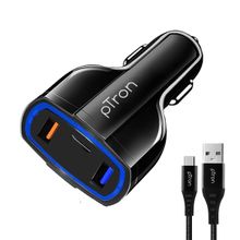 pTron Bullet Pro 36W PD Quick Car Charger with 3A Type-C 1.5 Meter Nylon Braided USB Cable - Black