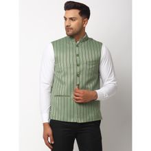 NEUDIS Striped Wool Nehru Jacket- Green