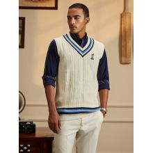 Peter England Men Cream V Neck Sleeveless Sweater with Soft Touch