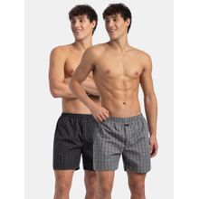 Jockey 1222 Men Cotton Woven Checkered Boxer Shorts - Grey and Black New (Pack Of 2)
