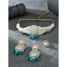 Zaveri Pearls Pink Blue Enamel Kundan Choker Necklace Earring & Ring Set - ZPFK16503